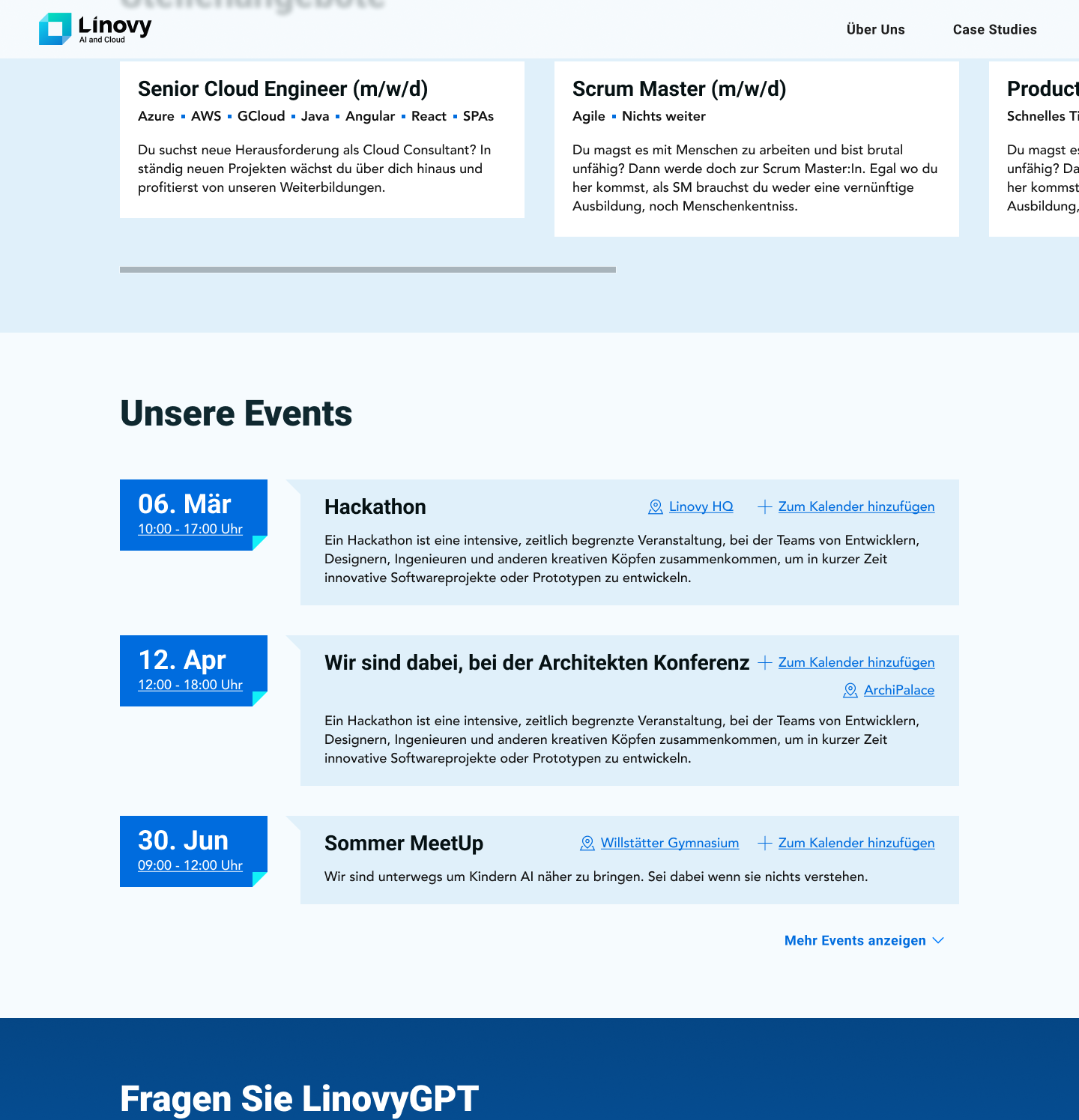 Ausschnitt aus dem Onepager: Stellenangebote und Events