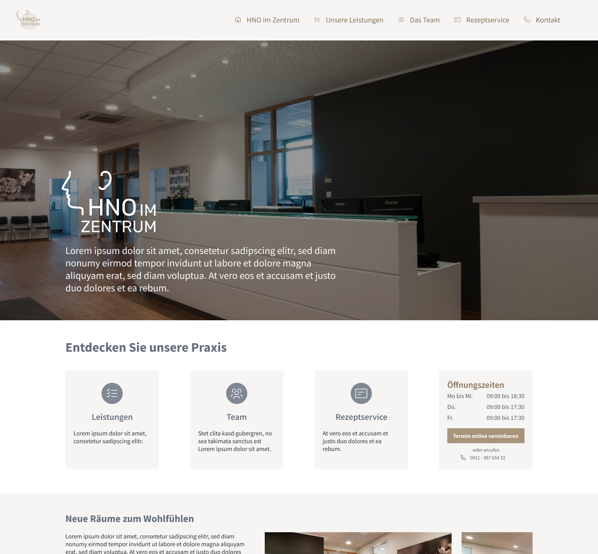Screenshot der Website von HNO im Zentrum mit Sprechzeiten, Leistungen und Kontakt