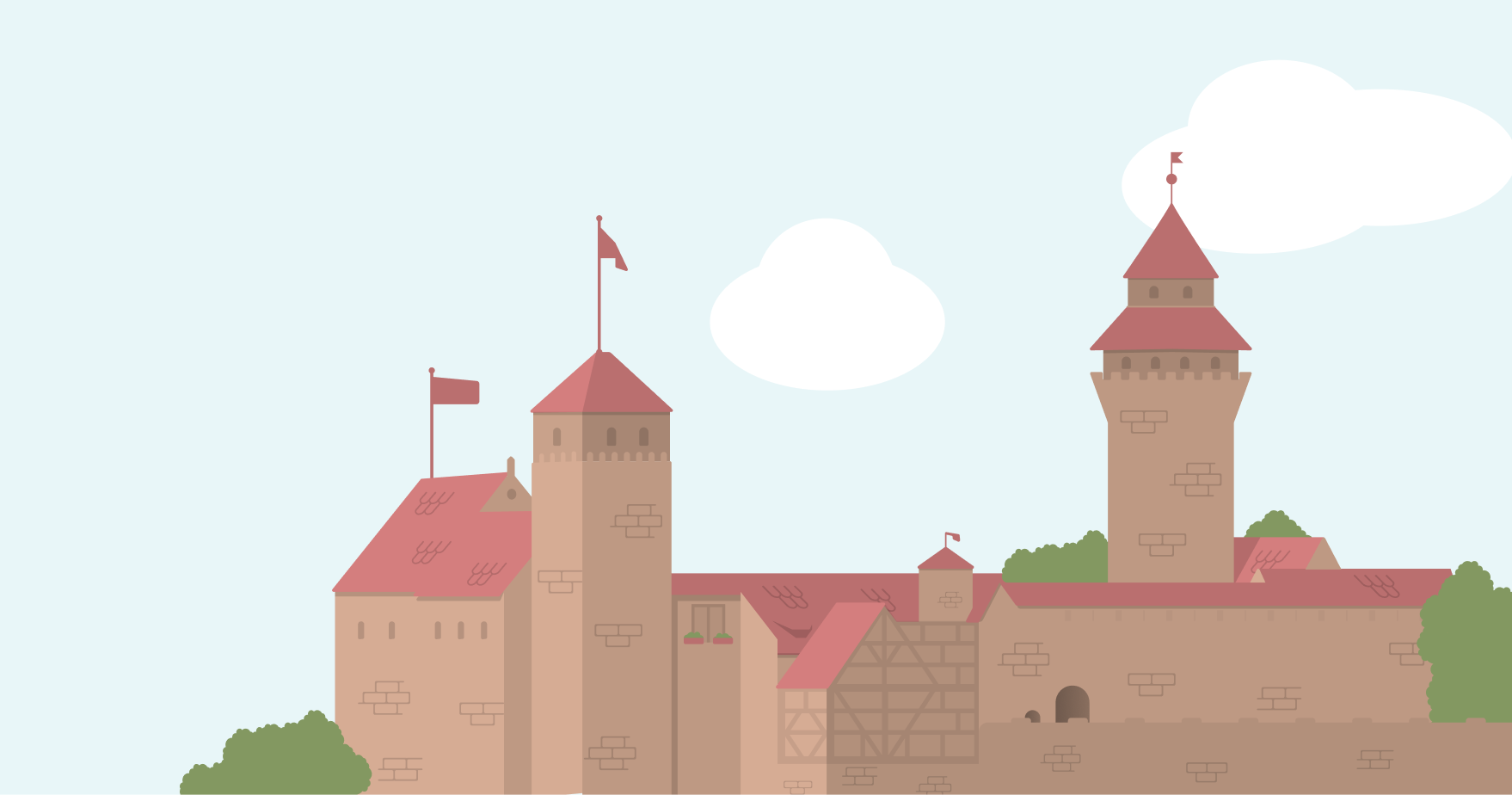 Illustration der Nürnberger Burg: flache Vektorgrafik mit Türmen und Wolken