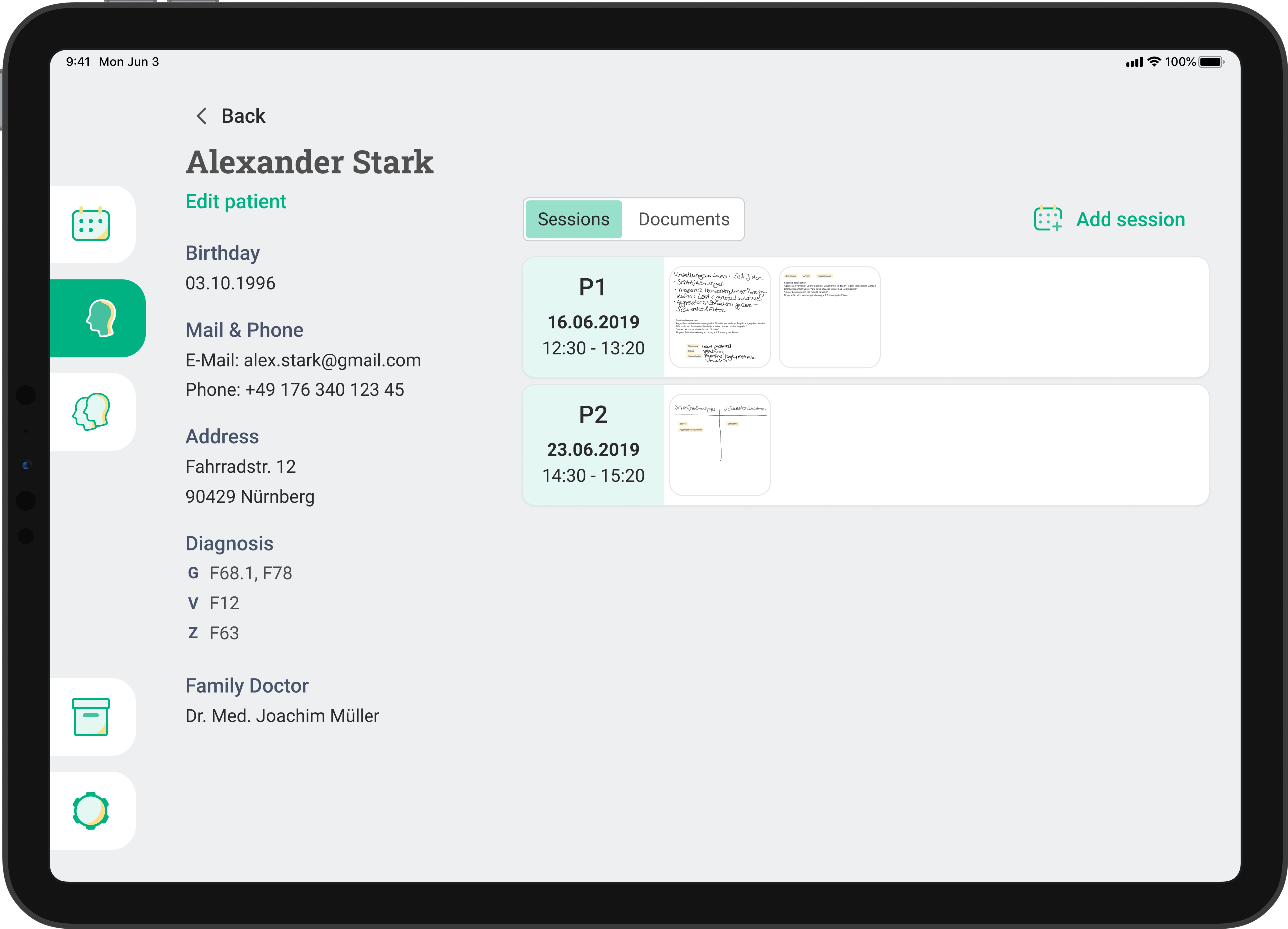 Patientenakte mit Sitzungsübersicht auf dem iPad