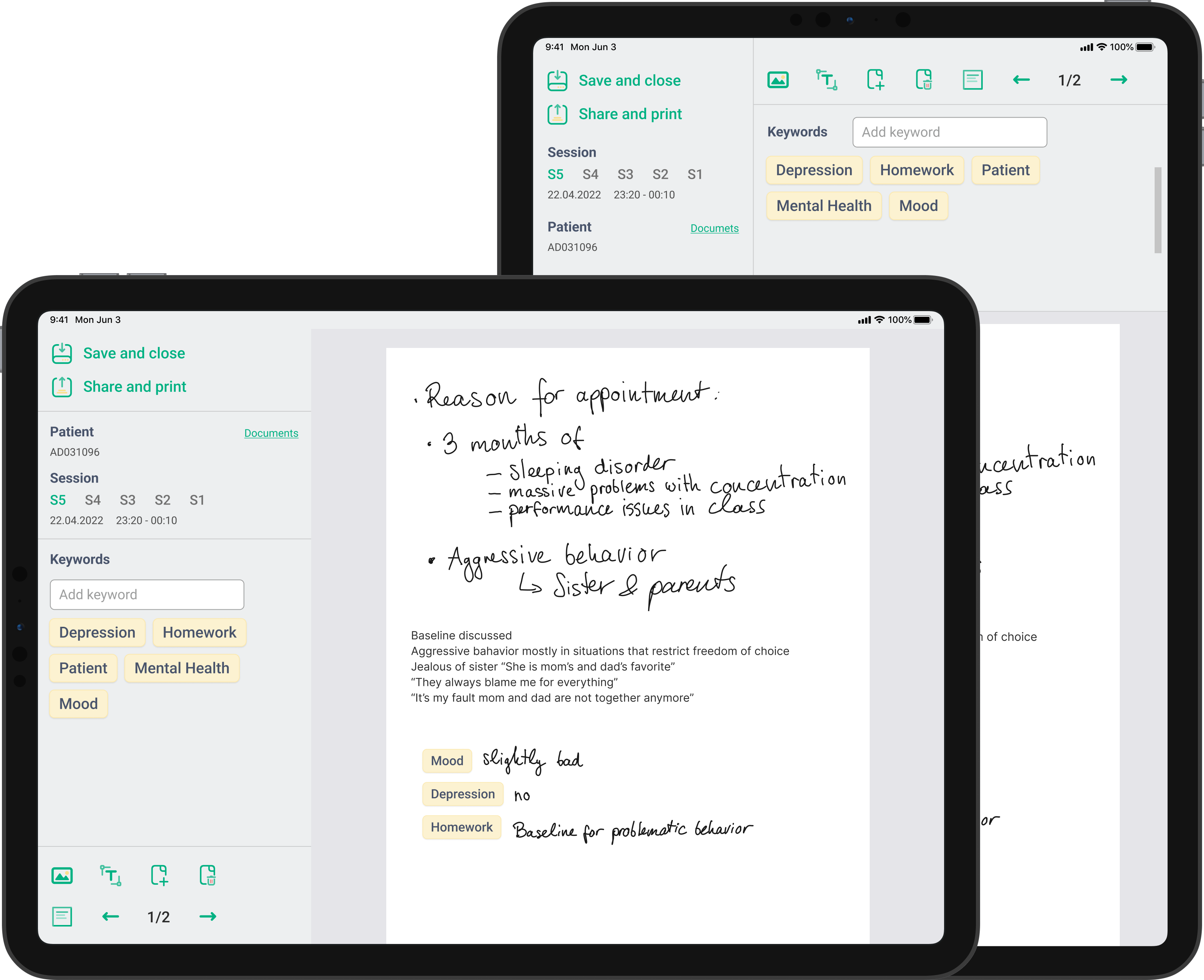 Sitzungsdokumentation auf zwei iPads: handschriftliche Notizen mit Keywords